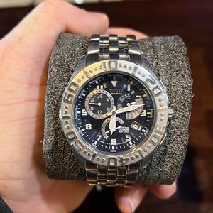 Citizen eco drive stainless, blue dial, chronograph, never needs a battery.